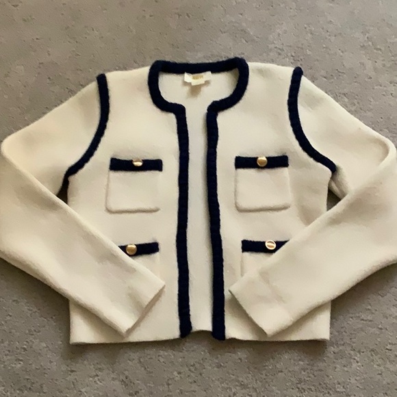 Anthropologie Maeve Collarless Tipped Cardigan Jacket Navy/White XXS NWOT - Picture 2 of 8